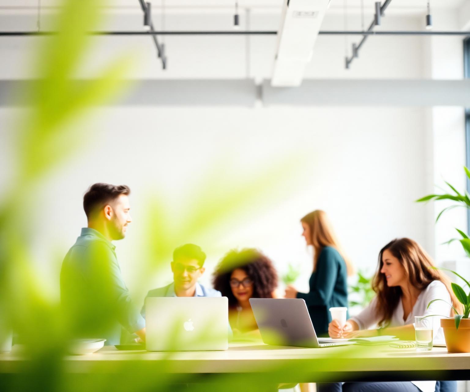 Diverse team collaborating in a modern workspace